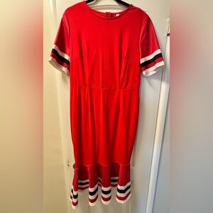 Red Dress with Striped Sleeves